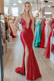 Chic Red V-neck Mermaid Sequin Long Prom Dress with Slit