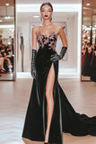 Chic Black Sweetheart Mermaid Applique Satin Long Prom Dress with Slit