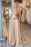 Chic Gold Sweetheart A-Line Ruched Satin Long Prom Dress