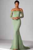 Sexy Sage Off the Shoulder Mermaid Ruched Long Prom Dress with Long Sleevs