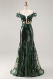 Off the Shoulder Dark Green Mermaid Sequin Long Ball Dress