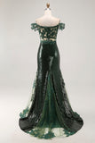 Off the Shoulder Dark Green Mermaid Sequin Long Ball Dress