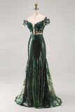 Off the Shoulder Dark Green Mermaid Sequin Long Ball Dress