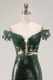 Off the Shoulder Dark Green Mermaid Sequin Long Ball Dress