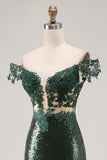 Off the Shoulder Dark Green Mermaid Sequin Long Ball Dress