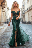 Chia Dark Green Off the Shoulder Mermaid Sequin Long Prom Dress with Embroidery