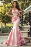 Chia Blush Sweetheart Mermaid Satin Long Prom Dress with Beading