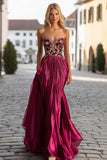 Chic Fuchsia Sweetheart Sheath Satin Long Prom Dress with Beading