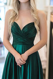 Chic Dark Green Sweetheart A-Line Satin Long Prom Dress with Pleats