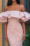 Mermaid Blush Off the Shoulder Appliqued Long Prom Dress