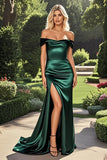 Sheath Dark Green Off The Shoulder Draped Long Prom Dress