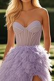 Lilac Sleeveless A Line Ruffles Tulle Long Prom Dress with Slit