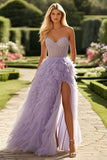 Lilac Sleeveless A Line Ruffles Tulle Long Prom Dress with Slit