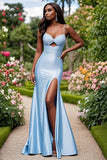 Sky Blue Sleeveless Satin Sheath Beaded Long Prom Dress