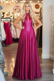 Fuchsia Halter Cut Out A Line Sequined Prom Dress