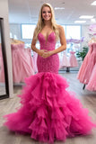 Fuchsia Fish Flare V-Neck Tulle Prom Dress