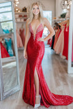 Red Mermaid Deep V-Neck Sequined Beaded Prom Dress