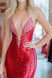 Red Mermaid Deep V-Neck Sequined Beaded Prom Dress