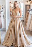 A Line Gold Strapless Metallic Satin Prom Dress