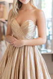 A Line Gold Strapless Metallic Satin Prom Dress