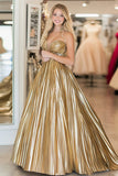 Gold A Line Strapless Metallic Satin Pleated Prom Dress