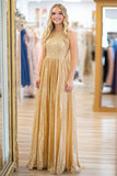 Sequined Gold A Line Scoop Neck Metallic Satin Prom Dress