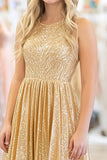 Sequined Gold A Line Scoop Neck Metallic Satin Prom Dress