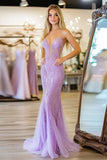 Lilac Spaghetti Straps Mermaid Lace Prom Dress