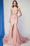 Blush Pleated Mermaid Strapless Beads Formal Dress with Slit