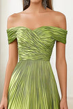 Metallic Satin Off the Shoulder Green A Line Pleated Military Ball Dress