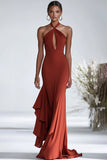 Halter Terracotta Chiffon Ruffles Sheath Red Gala Dress