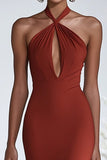 Halter Terracotta Chiffon Ruffles Sheath Red Gala Dress