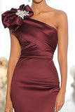 Burgundy One Shoulder Sheath Satin Military Ball Dress