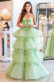 Ball Gown Tulle Dusty Sage Tiered Sweetheat Sleeveless Long Prom Dress