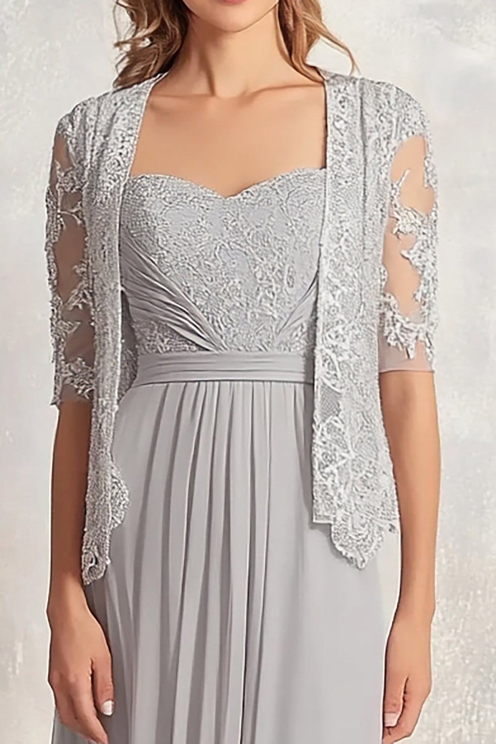 Zapaka Women Silver Chiffon Mother of the Bride Dress Lace Appliques Ruched 2-piece Square Neck A Line Formal Dress ZAPAKA NZ Zapaka Women Silver Chiffon Mother of the Bride Dress Lace Appliques Ruched 2-piece Square Neck A Line Formal Dress ZAPAKA NZ
