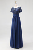 Navy A-Line Boat Neck Lace Appliqued Long Mother Of the Bride Dress