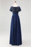 Navy A-Line Boat Neck Lace Appliqued Long Mother Of the Bride Dress