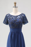 Navy A-Line Boat Neck Lace Appliqued Long Mother Of the Bride Dress
