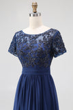 Navy A-Line Boat Neck Lace Appliqued Long Mother Of the Bride Dress