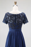 Navy A-Line Boat Neck Lace Appliqued Long Mother Of the Bride Dress