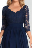 Elegant Navy V-Neck A-Line Chiffon Long Mother Of the Bride Dress with 3/4 Sleeves