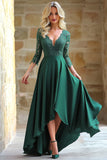 Satin Lace Dark Green  A Line V Neck 3/4 Sleeves Mother of the Bride Dress