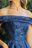 Navy A-Line Off the Shoulder Ruched Jacquard Long Mother of the Bride Dress