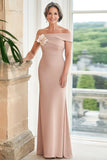 Off the Shoulder Satin Blush Mother of the Bride Dress with 3D Flower