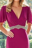 Column V Neck Short Sleeves Fuchsia Long Mother Of The Bride Dress