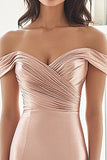 Elegant Blush Off the Shoulder Sheath Stretch Satin Long Formal Dress with Ruched