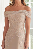 Elegant Taupe Off the Shoulder Chiffon Sheath Long Mother of the Bride with Lace Appliques