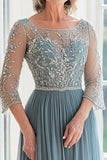 Elegant Dusty Blue Scoop A-Line Tulle Long Mother of the Bride with Beading