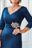 Navy V-Neck Satin Embroidered Ruched Mother of the Bride Dress