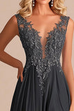 Charcoal A Line V-Neck Lace Appliques Mother of the Bride Dress